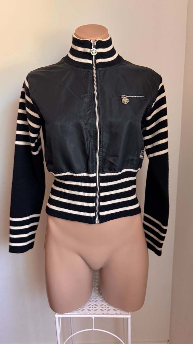 Vintage Versace Jeans Couture Black and White Striped Cropped Bomber Jacket